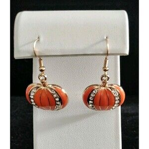 Orange Pumpkin Earrings With Rhinestones 1.25" L 1" W